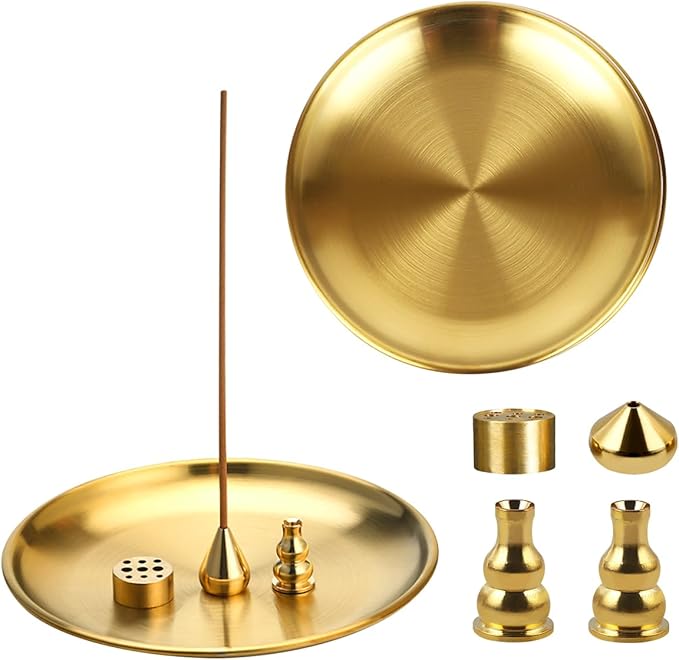 2Pcs 5 in 1 Incense Burner, 5.5 Inch Incense Holder, Brass Incense Holder for Incense Sticks Coil Incense Incense Cones, Alloy Cone Ash Catcher for Yoga Room