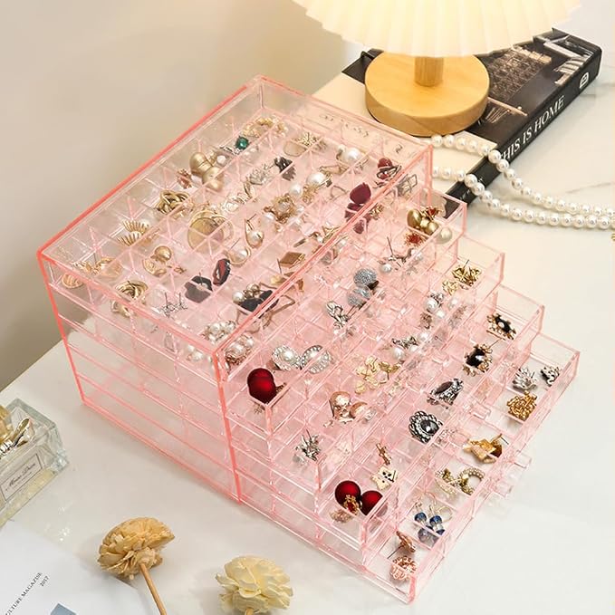 YUFONG Earring Storage Box Organizer, Acrylic Jewelry Storage Box Holder 5 Drawers Transparent Jewelry Display Stand with 120 Small Compartments Gift Boxes for Women Girls (Clear Pink)