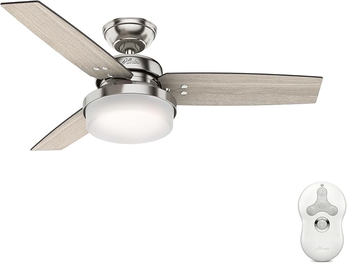Hunter 44 inch Indoor Ceiling Fan with LED Light and Remote Control - Standard Mount Ceiling Fan, 3 Blades, For Bedroom, Living Room, or Kitchen - Sentinel 50394, Brushed Nickel