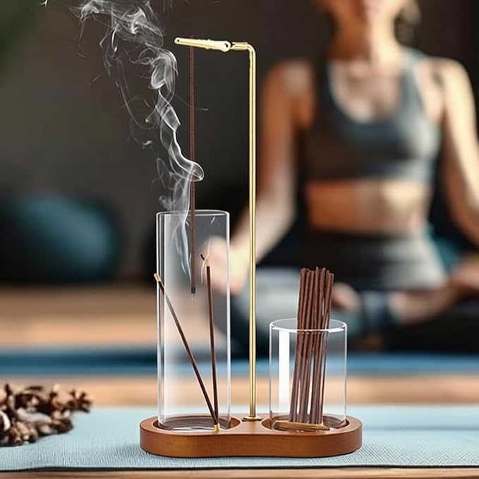 Modern Incense Burner with Ash Catcher, Hanging Incense Stick Holder Stand, Glass & Wooden Base Incense Holder for Home Meditation Decor (Natural Wood)