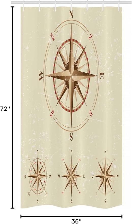 Ambesonne Compass Stall Shower Curtain, 4 Different Compasses in Retro Colors Discovery Equipment Where Nautical Marine, Fabric Bathroom Decor Set with Hooks, 36" W x 72" L, Beige Tan