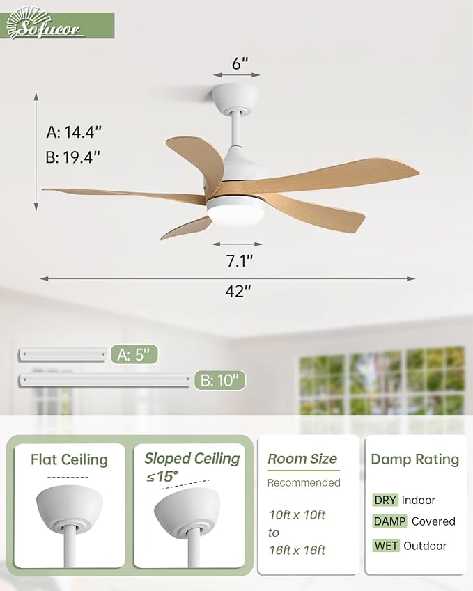 Sofucor 42" Smart Ceiling Fan, Outdoor Modern Ceiling Fans with Lights and Remote, Compatible with Alexa/Google/App, 3-Color Light 6-Speed Timing Reversible DC Motor for Living Room Bedroom Patio