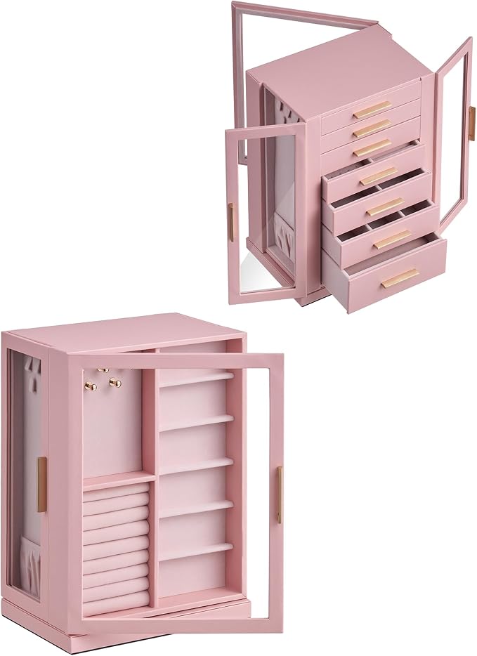 Glimmloop 360° Rotating Jewelry Box with 7 Drawers, Spacious Vertical Jewelry Organizer with Glass Window, Jewelry Storage Case, Dustproof & Moisture-resistant Design, Pink
