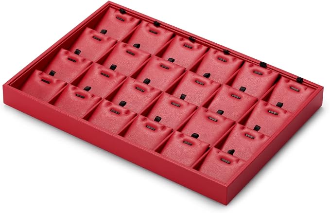 Oirlv Gorgeous Red Leather 24 Grid Jewelry Tray with Removable Inserts Jewelry Cards Stackable Necklace Trays Necklace Drawer Organizer | Red Leather Exterior, Soft Microfiber Interior, 24 Pendant Slots, Removable Inserts, Bold Display for Pendants