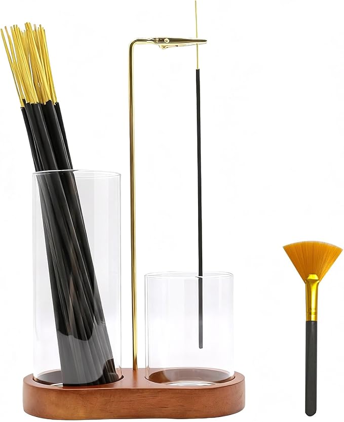2 in 1 Incense Holder for Sticks - Glass Incense Burner with Ash Catcher, Japanese Hanging Incense Burner with Storage and Wooden Base for Meditation Yoga Spa Homen Room Unique Decor