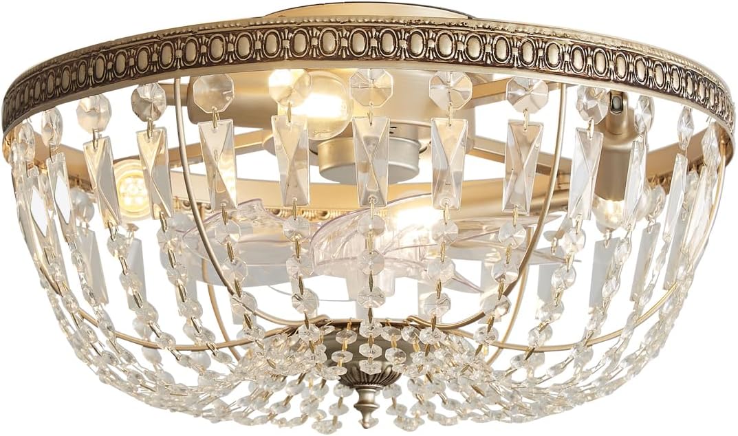 20" Flush Mount Fandelier Ceiling Fan with Light, Crystal Gold Fandelier Ceiling Fan with Light Remote Control, Vintage French Country Caged with 6 Speeds for Bedroom, Living Room, Foyer, Nursery