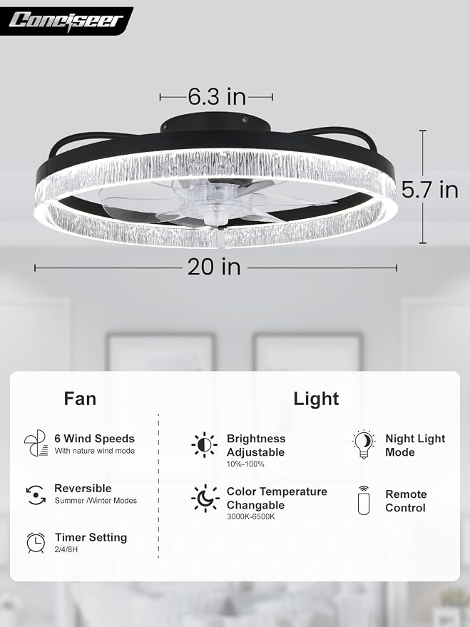Conciseer 20 Inch Ceiling Fans with Lights and Remote, Flush Mount,3CCT 3000-6500K Dimmable 4W-35W, Low Profile 6 Speed Reversible Quiet DC Motor for Bedroom, Kids Room and Living Room, Black