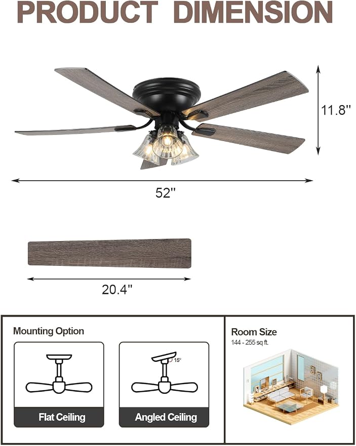 52 Inch Flush Mount Farmhouse Ceiling Fan with Light and Remote Classic Low Profile Ceiling Fan for Living Room Bedroom Patio