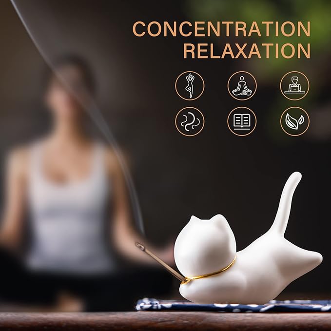 Incense Holder Handmade Ceramic Incense Burner with 30 Sandalwood Insence-Stick Holder with Bamboo Mat, Cute Cat Decor Incense Holder for Sticks for Aromatherapy/Yoga/Meditation/Home