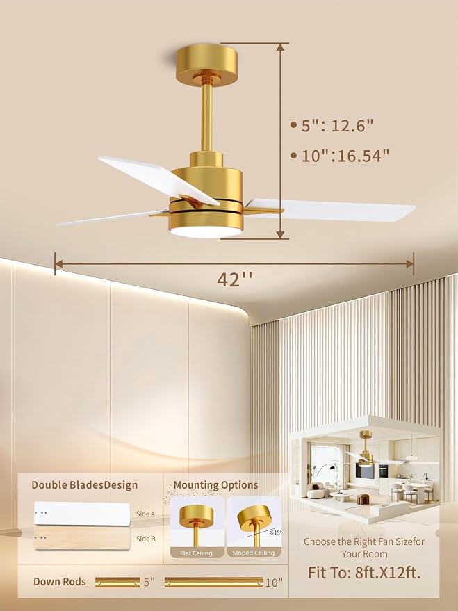 LANMEL 42'' Ceiling Fan with Lights and Remote, Low Profile Modern Ceiling Fan Gold, 6 Speed, Reversible, 3000k-6000k LED, Quiet DC Motor for Indoor Outdoor Bedroom Living Room