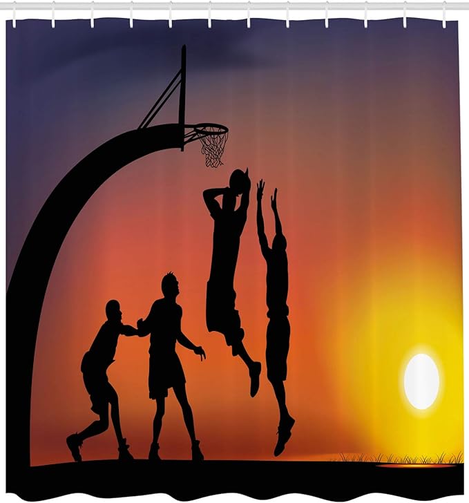 Ambesonne Teen Room Shower Curtain, Boys Playing Basketball at Sunset Horizon Sky Dramatic Scenery, Cloth Fabric Bathroom Decor Set with Hooks, 69" W x 75" L, Dark Coral Black Yellow