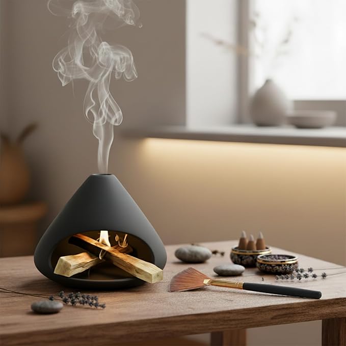 Palo Santo Holder Incense Burner, Sage Sticks Holder, Zongzi Clay Smudge Bowl with Chimney, Mini Cone Ceramic Fireplace for Cedar, Yoga, Sleep, Home Decor, Anxiety Relief Meditation for Women (Black)