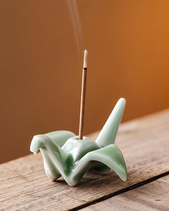 Japanese Origami Crane Incense Stick Holder - Handmade Ceramic Zen Desk Decor for Home, Office, Meditation & Yoga Space