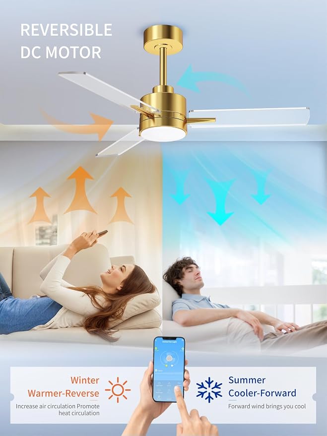 LANMEL 42 Inch Metal Ceiling Fan with Light, Modern Flush Mount Low Profile with Remote Control, Reversible, 3cct Dimmable, Quiet, Gold Transp LED for Bedroom, Living Room, Indoor/Outdoor Patio Use