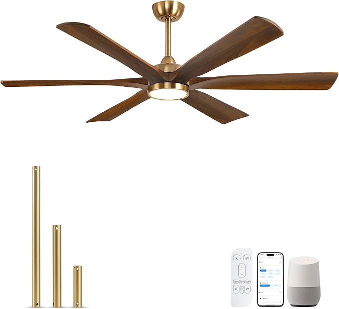 60 Inch Smart Outdoor Ceiling Fan with Lights, Gold Brass Walnut Finish, 6 Solid Wood Blades, Remote/Alexa/App Control, High CFM Quiet DC Motor, Modern Farmhouse Style for Indoor Large Room
