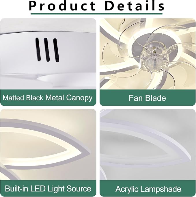 Flower Modern Ceiling Fans with Lights, Low Profile Ceiling Fan with Remote for Bedroom, Flush Mount Ceiling Fan with LED Dimmable Light,3-Colors, 6-Speeds, Timing CeilingFan Lights-White