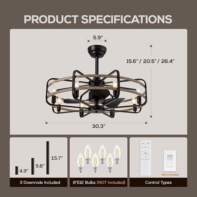 NOXARTE 30 Inch Caged Ceiling Fan with Light, Bladeless Farmhouse Ceiling Fan with Remote 6 Speed Reversible Industrial Fandelier for Living Room Bedroom Kitchen
