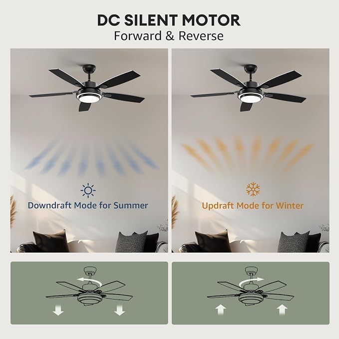 Ceiling Fans with Lights and Remote Control, 52 Inch Black Ceiling Fan for Bedroom Living Room and Patio, Medium Modern Black Ceiling Fan for Indoor and Outdoor
