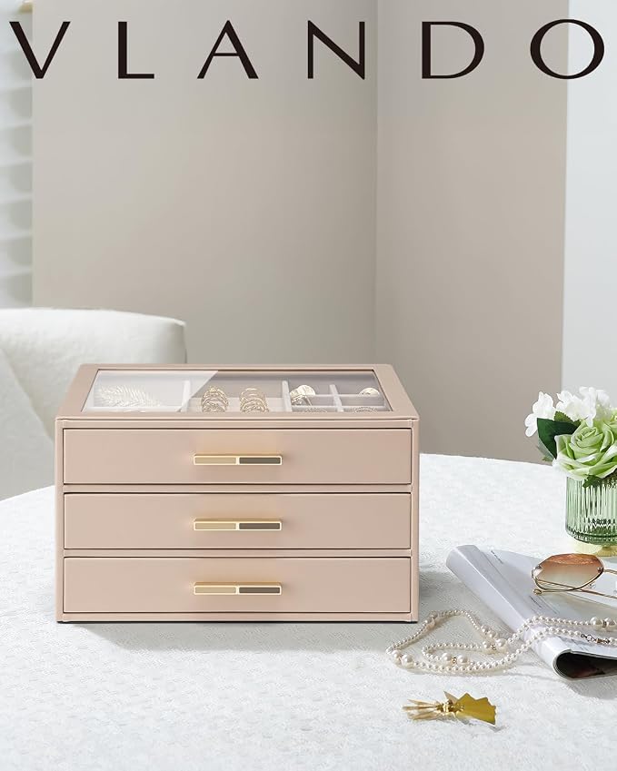VLANDO 3 Layer Jewelry Box for Women, Glass Lid Jewelry Organizer with 3 Drawers for Necklaces Rings Earrings Bracelets - Toffee
