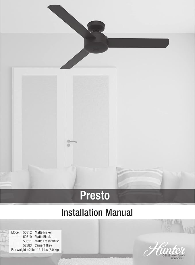 Hunter Presto, Indoor, Ceiling Fan, No Light, Modern, 52 inch, Matte White | Standard Mount, Wall Control, 3 Blades, For Bedroom, Living Room, Kitchen, 50811