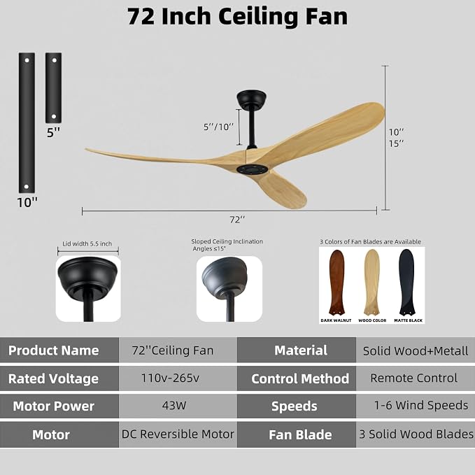 72 Inch Large Ceiling Fan, Reversible DC Motor Ceiling Fan Without Light, Can Set Time 1H/4H/8H, Suitable for Living Room, Dining Room, Office, Outdoor Terrace (Natural Wood, 72 inch)