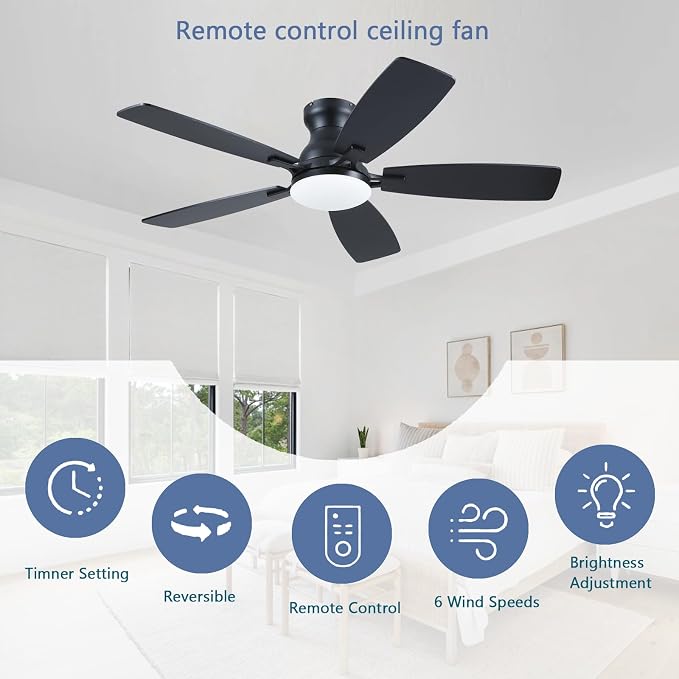 NKPU Ceiling Fans with Lights, Low Profile Ceiling Fan with Light and Remote/APP Control, DC Motor, Noiseless, Flush Mount, 46inch Black Ceiling Fan for Bedroom Indoor/Outdoor Use