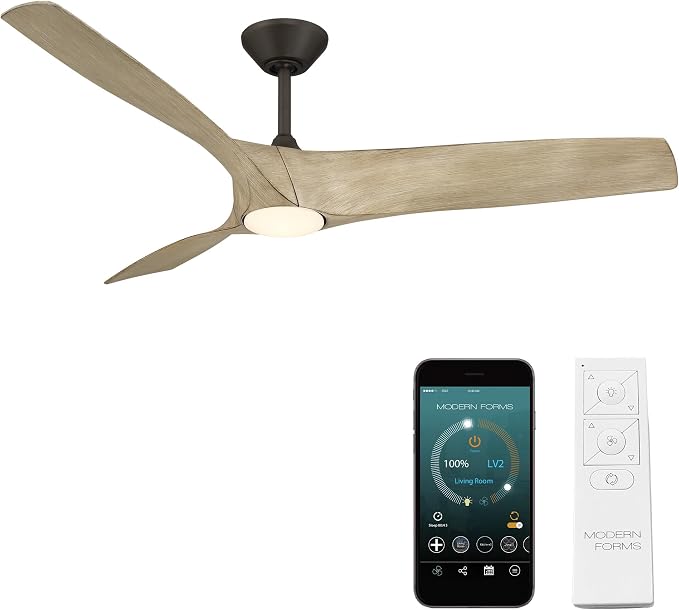 Modern Forms Zephyr 3 Blade 62 in. Indoor and Outdoor Smart Downrod Ceiling Fan with Remote Control - Integrated LED Selectable 4CCT 2700K-3000K-4000K-5000K - Bronze/White Oak