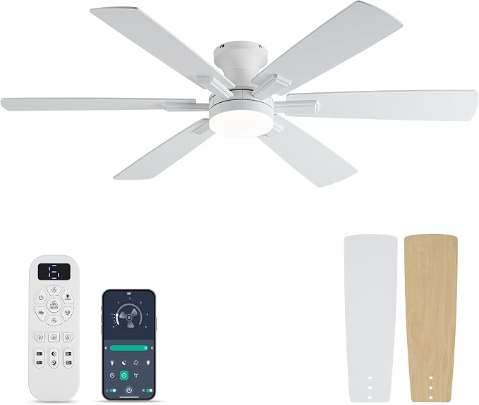 OURSTAR Ceiling Fans with Lights and Remote Control, White Low Profile Ceiling Fan with Light 3-Color LED Dimmable, Memory for Lighting and Fan Reversible, 6-Speed, Timer, Indoor/Outdoor Use, 52 Inch