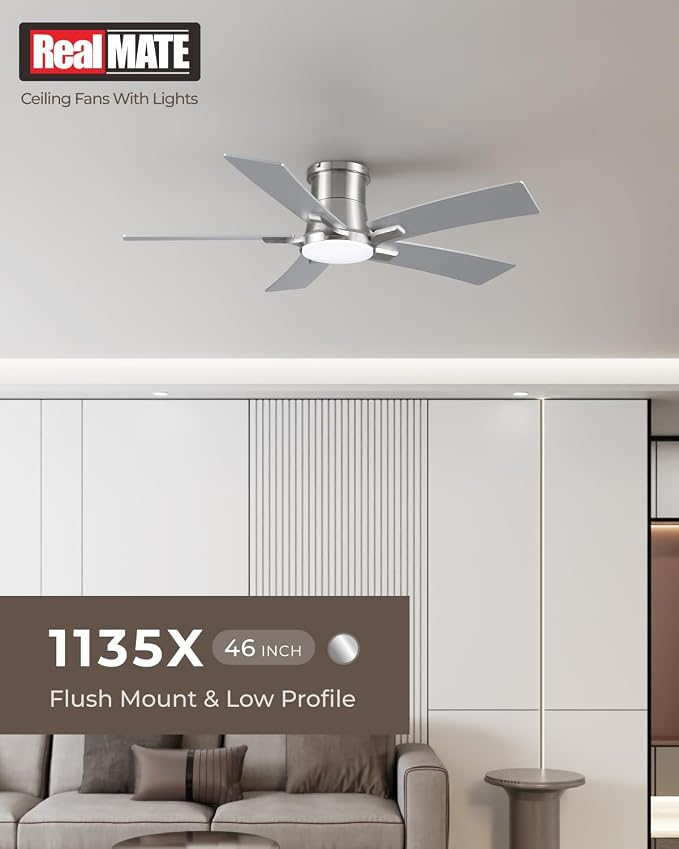 46 Inch Brushed Nickel Flush Mount Ceiling Fans with Lights and Remote | 3CCT Dimmable LED, 6 Speed, Quiet DC Motor, 3-Level Timer Function, Forward/Reserve For all Seasons, Indoor/Covered Outdoor