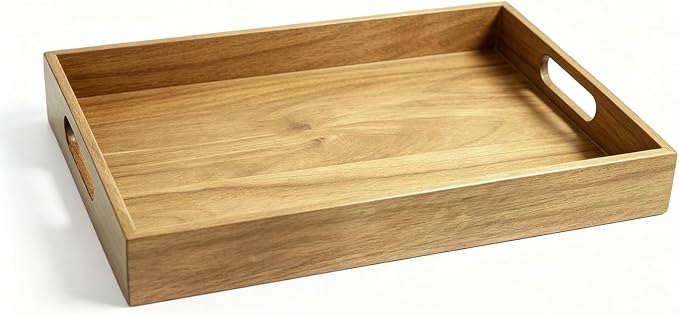 17 x 12 Inch Acacia Wood Large Serving Tray with Handles | Large Wood Tray for Drinks, Food, Ottoman & Breakfast in Bed, Leather Mat Included