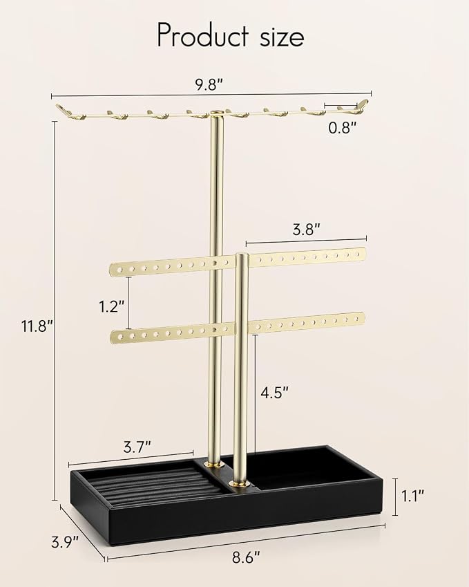 VLANDO 2 Tier Jewelry Stand Organizer with Tary, Leather Jewelry Holder Display for Women, Gold Jewlery Holder Stand for Necklace, Earring, Bracelet, Rings - Black