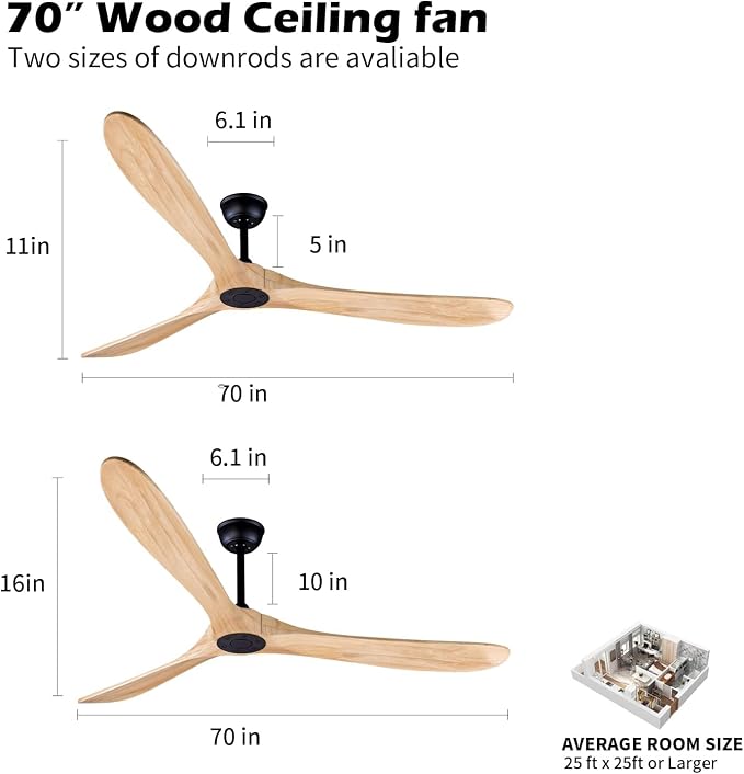 Bigzone 70" Wood Ceiling Fan With Remote, Energy Efficient Quiet DC Motor, 3 Wood Blades, Outdoor Ceiling Fans For Patios With Reversible Blades