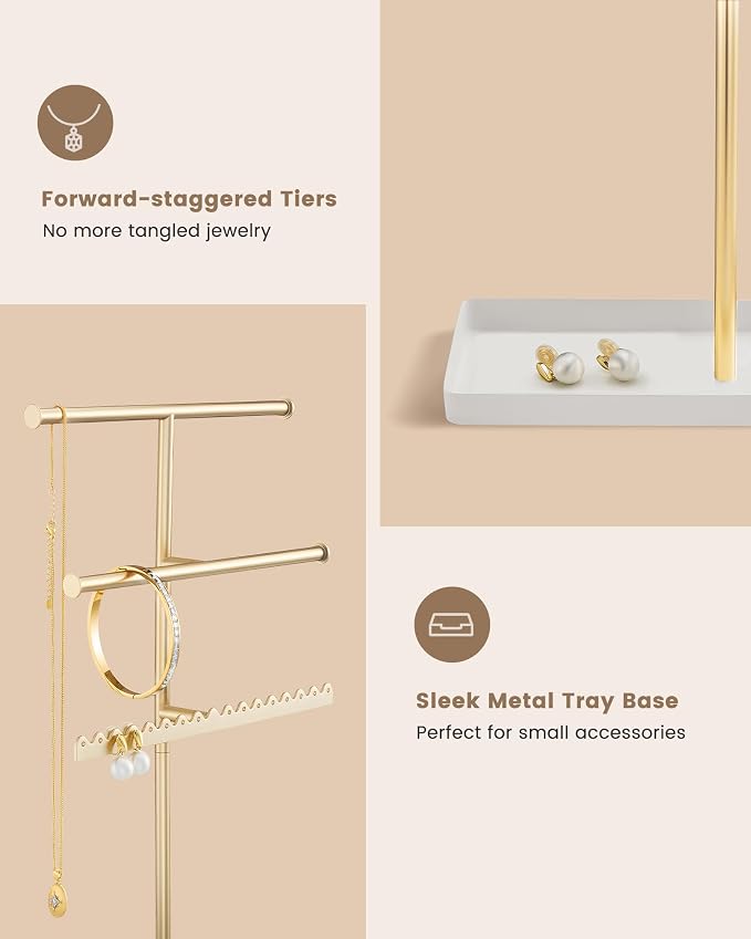 Lolalet 3-Tier Jewelry Organizer Stand, Metal Jewellery Holder, Dresser Display Rack for Necklace Earring Bracelets Rings, Gift for Women Girls -Gold