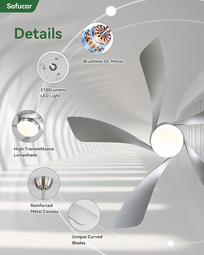 Sofucor 42 Inch Ceiling Fan with Lights and Remote, Indoor/Outdoor Ceiling Fan with Light 6-Speed 3 CCT 3-Timer, Low Profile White Ceiling Fan 5 Blade Quiet DC Motor for Bedroom Living Room Patio