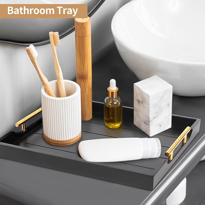 SXNOWS Wooden Serving Tray with 2 Sets of Handles,Black | Rectangle 16.5x13 Inch Ottoman Decorative Tray for Coffee Table Kitchen Bar Living Room Breakfast in Bed, 4 Coasters Included
