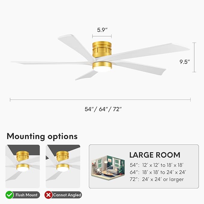 EKIZNSN 72 Inch Modern Low Profile Ceiling Fan with Lights for Living Room, 5 Walnut Wood Blades, 6-Gear Speed, 110V Noiseless Reversible DC Motor (Gold Finish with White Blades)