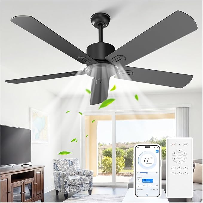 Obabala Black Ceiling Fan No Light, 52 in Outdoor Flush Mount Ceiling Fans with Remote Control without Light, 5 Blades, 6 Speed Reversible DC Motor Modern for Patios, Garage, Bedroom, Porch