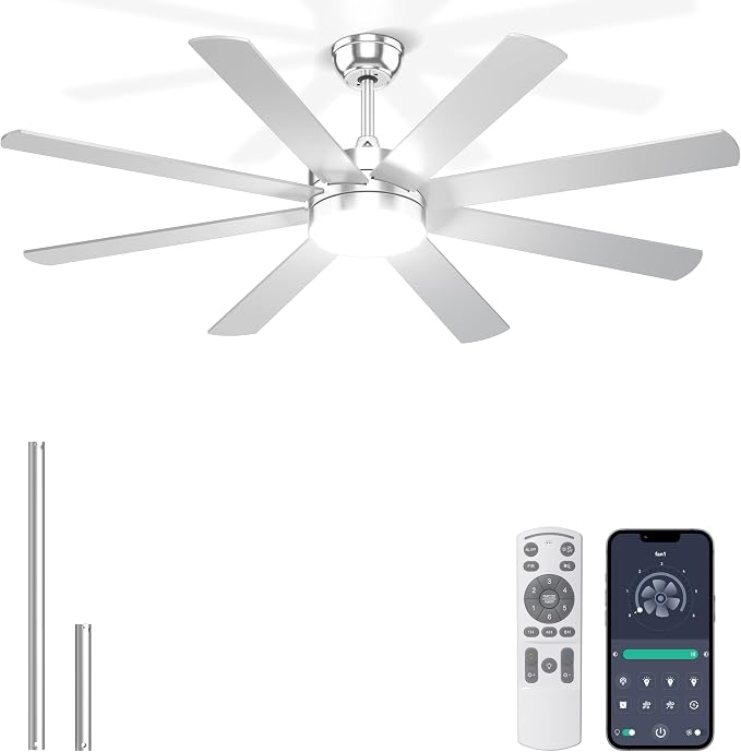 60'' Silver Ceiling Fan with Lights for Indoor/Covered Outdoor | Remote/APP Control, 3CCT Dimmable, Quiet DC Motor, Reversible Airflow, 8 Blades Modern Overhead Fan for Patio, Living Room