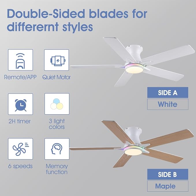 52"White Modern Low Profile RGB Ceiling Fans with Lights and Remote/APP | 14 RGB Modes,Supports Remote and APP,6 Wind Speeds, Reversible, Dimmable 3 CCT LED, 30W DC Motor,Suits for Bedroom Kidsroom