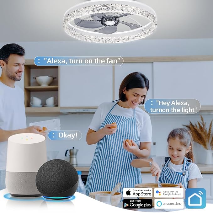 Ceiling Fan with Light, Low Profile Flush Mount Ceiling Fan, Bluetooth Ceiling Fan with Speaker, Smart Ceiling Fan with Alexa & Google Assistant, Voice/APP/Remote Control