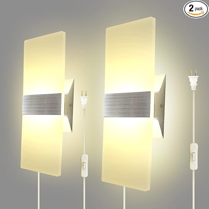 KICAAO Wall Sconces, Modern Wall Sconce Plug in 10W 6000K Cool White Acrylic Wall Lights with 6FT/180cm Plug in Cord and On/Off Switch on The Cord (Warm White 2700K 2Pack)