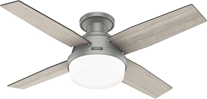 Hunter 44 inch Indoor Ceiling Fan with LED Light and Remote Control - Modern Ceiling Fan, Low Profile Mount, 4 Blades, For Bedroom, Living Room, or Kitchen, Quiet - Dempsey 51757, Matte Silver