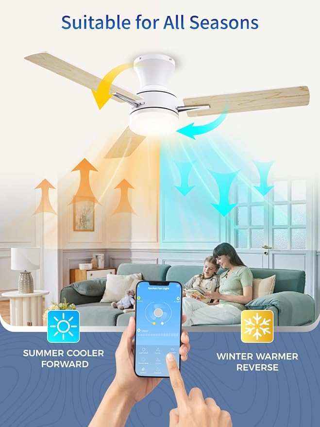LANMEL 42 Inch Flush Mount Ceiling Fan with Light, App&Remote Control,Low Profile Modern Ceiling Fan,6 Speed,Reversible,3000k-6500k Dimmable LED,Quiet DC Motor for Indoor Outdoor,White Silver