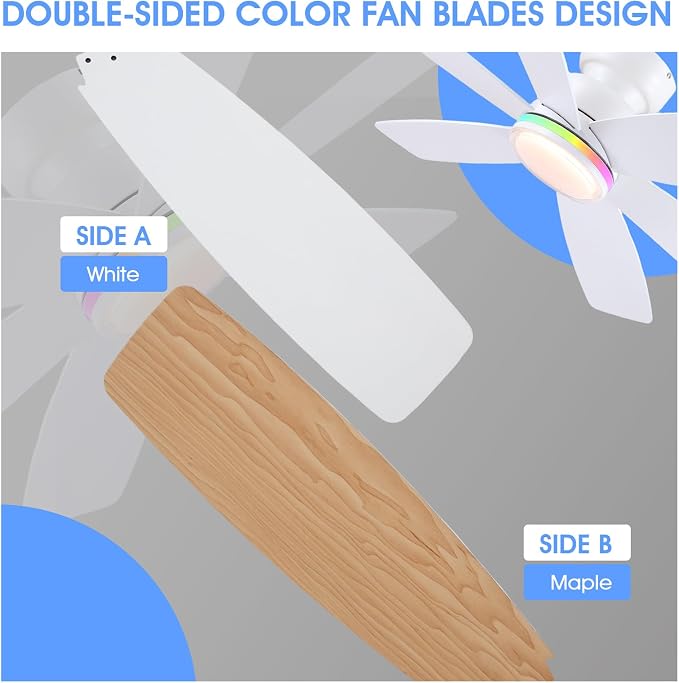 Kviflon 46" Ceiling Fans with RGB Lights Remote/APP Control, Flush Mount Ceiling Fans, Double-Sided 6 Reversible Blades, RGB Ring Lights+3CCT Dimmable Lights, Double Lampshade for Bedroom, White
