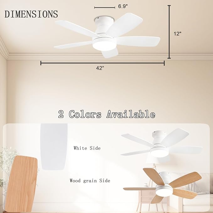 JSAITEE Ceiling Fans with Lights, 42 Inch Low Profile Ceiling Fan with Light and Remote/App Control, Flush Mount, Reversible, 3CCT, Dimmable, Noiseless, White Ceiling Fan for Indoor/Outdoor Use