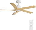 WINGBO 48" DC Ceiling Fan No Light - 5 Carved Solid Wood Blades, 6-Speed Reversible DC Motor, Ceiling Fan without Lights for Living Room Bedroom Kitchen Patio, Indoor and Outdoor, White and Oak