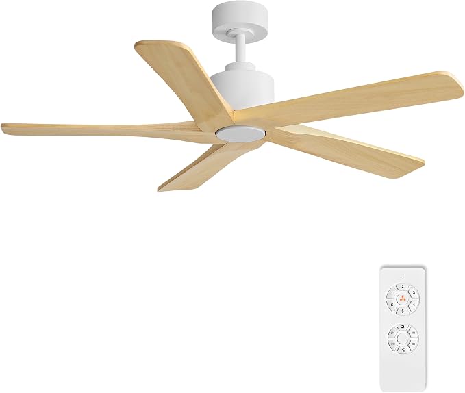 WINGBO 48" DC Ceiling Fan No Light - 5 Carved Solid Wood Blades, 6-Speed Reversible DC Motor, Ceiling Fan without Lights for Living Room Bedroom Kitchen Patio, Indoor and Outdoor, White and Oak