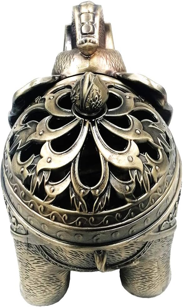 Hourwof Metal Elephant Incense Holder,Vintage Cone Coil Incense Burner with Lid,Ash Catcher,Aromatherapy Ornament Home Office Decor,Bronze