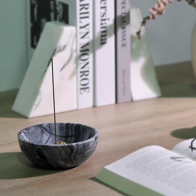 Koville Natural Marble Incense Holder, 5inch Incense Holders for Sticks, Sturdy Incense Burner Ash Catcher, Ideal for Meditation, Relaxing, Easy to Clean(Wooden Black)