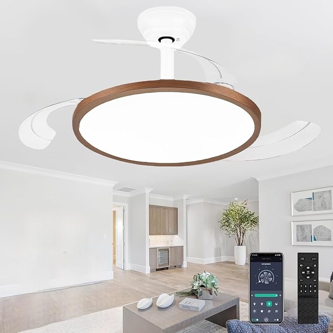 48 Inch Retractable Ceiling Fan with Lights, Fandelier Ceiling Fan for Bedroom Living Room Dinning Room, Chandelier with Fan 6 Speed, 3 Color Temperature, Reversible DC Motor-White